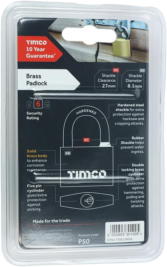 TIMCO P50 Brass Padlock-Ideal for luggage-cabinets-sheds-gates-50mm, 50mm