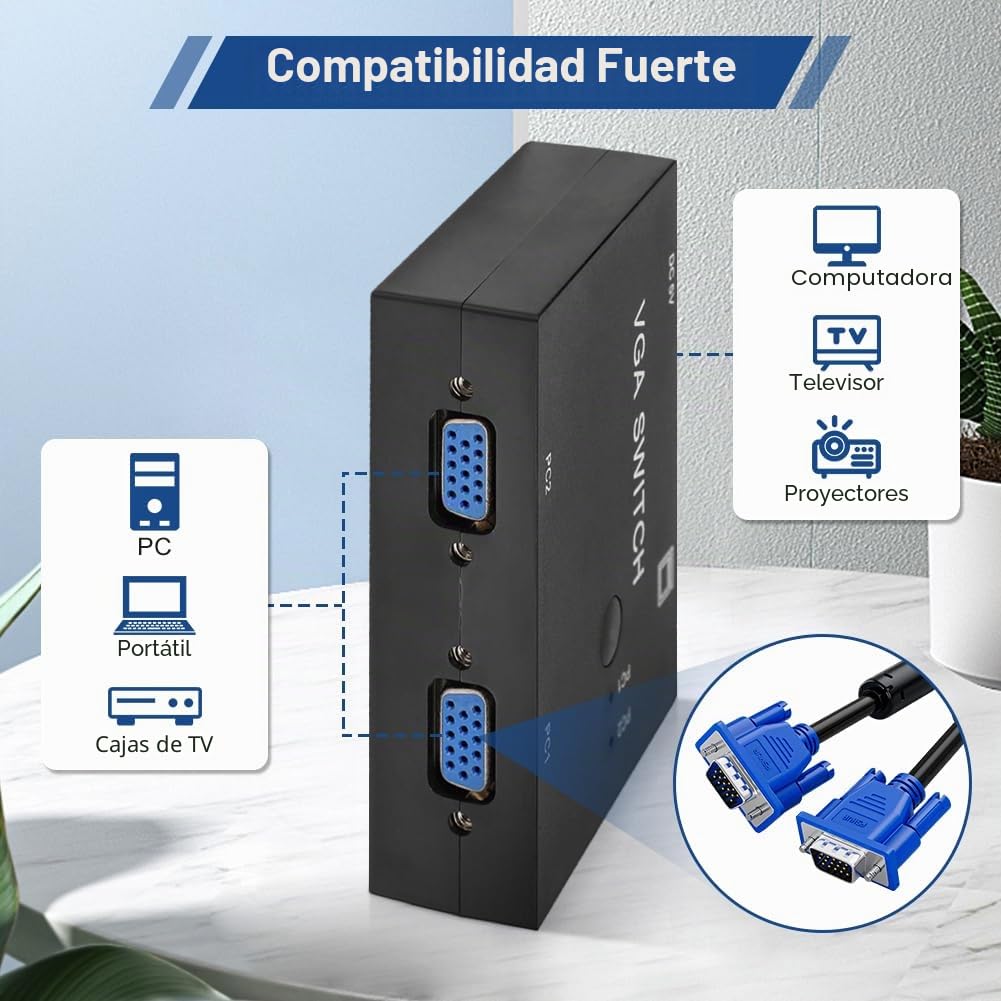 Conmutador VGA de 2 PC a 1 Monitor, VGA Switch 2 Entradas 1 Salida Caja de Selección Splitter Adaptador VGA Resolución, para Ordenador PC Portátil Sobremesa Soporte VGA XVGA SVGA UXGA