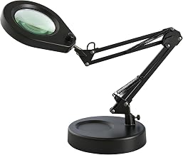 Lampe Loupe LED avec Socle Rond & Pince, Verre 5 Dioptries | 5 CCT Dimmable, Bras Articulé, Travaux de Précision, Modélisme, Soudure, Couture, Bricolage, Micro Réparation