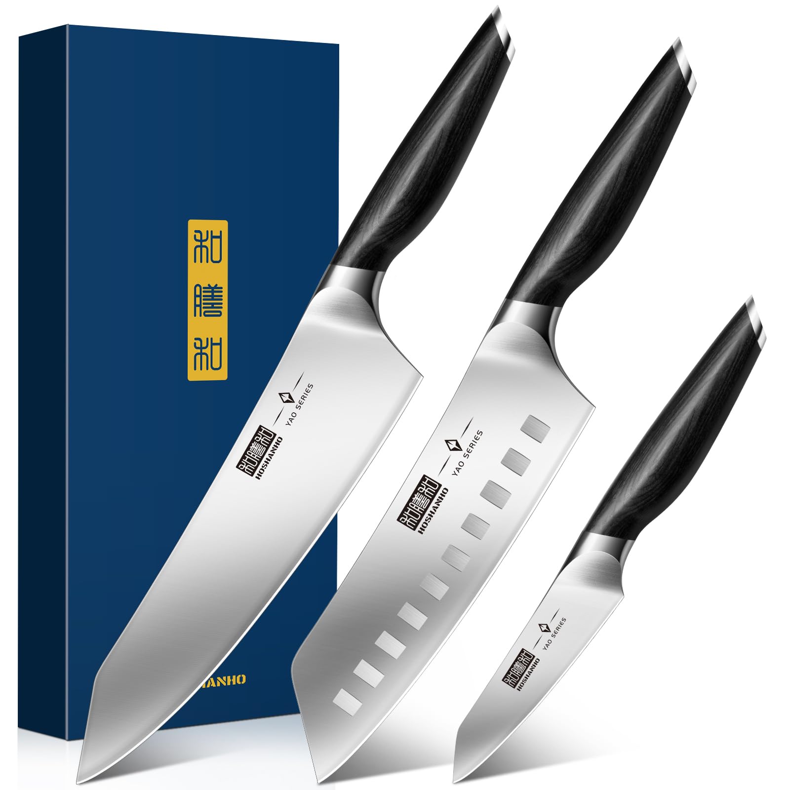 HOSHANHO 3-Piece Knife Set, Ultra Sharp Japanese Kitchen Chef Knife Set | High Carbon Powder Steel Kitchen Knife Set, Professional Cooking Knives Set with Ergonomic Pakkawood Handle, Excellent Gift