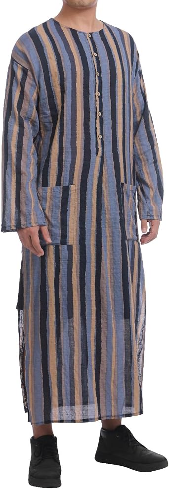 IMEKIS Muslim Thobe for Man Kaftan Long Sleeve Crew Neck Stripe Robe Islamic Arabic Abaya Prayer Clothes Middle East Shirts