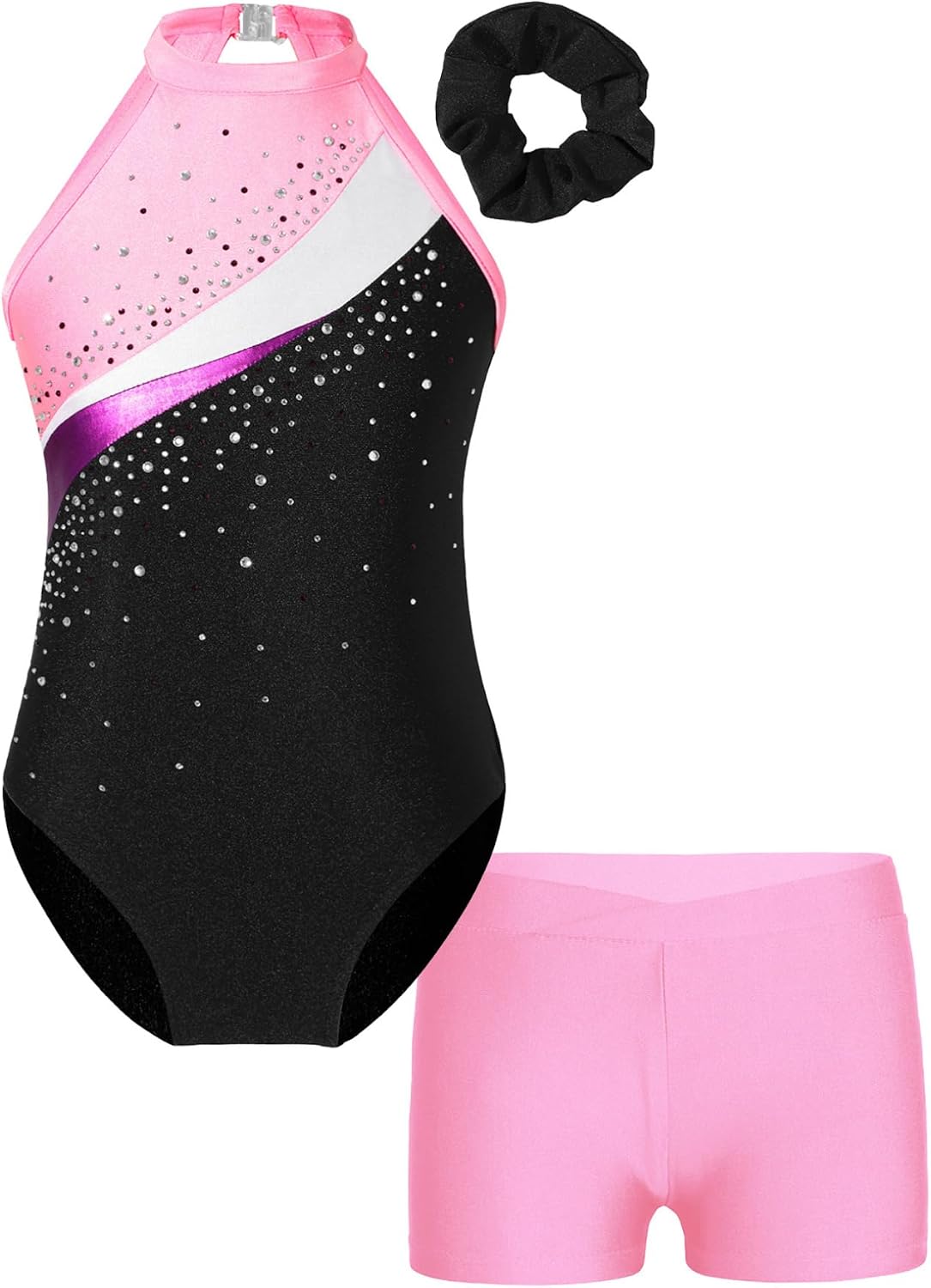 ACSUSS Kids Girls Sleeveless Gymnastic Leotard with Athletic Shorts Hair Scrunchie Biketard Dance Outfits Sets Tracksuit