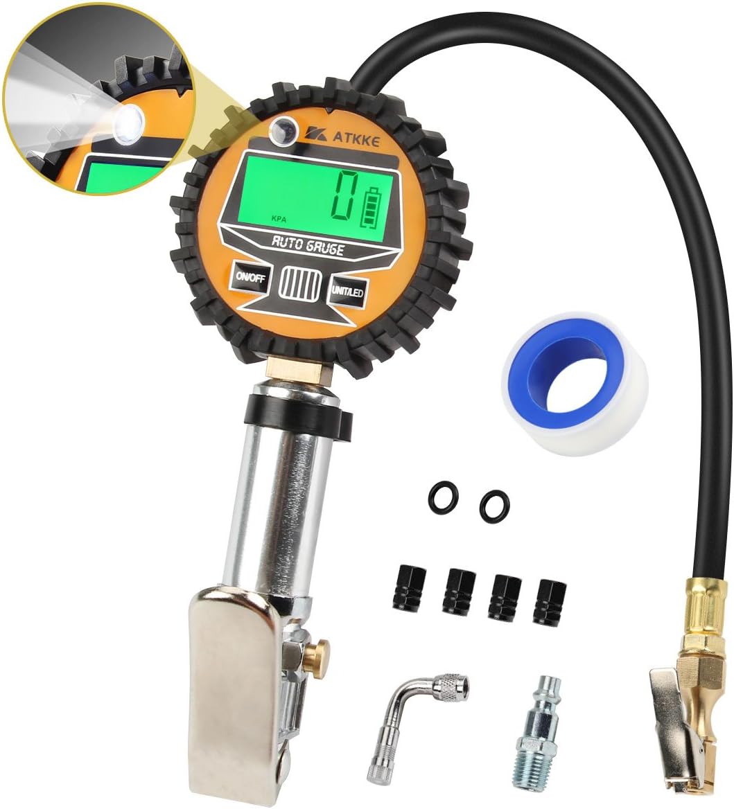 Tire Inflator with Tire Pressure Gauge, ATKKE Inflation Gun with Air Pressure Gauge (200 psi) Compressor Accessories Heavy Duty LED Display and Flashlight with Rubber Hose with Air Chuck, Valve Extend