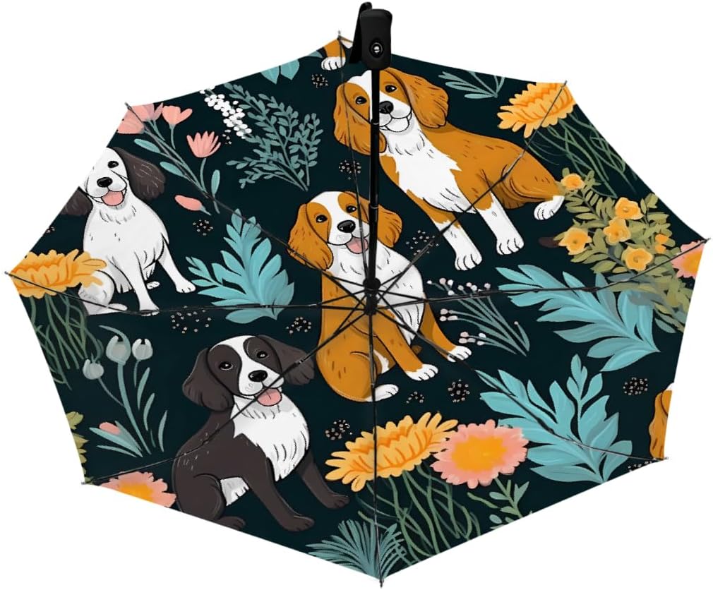 Cute Dog Flower Leaves Folding Umbrella Windproof Compact Lightweight Travel Umbrella with 8 Reinforced Ribs, Portable UV Sun & Rain Protection for Men & Women