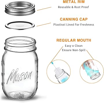 Classic 16 Oz Mason Jars, 6 Pack Canning Jars, Regular Mouth, Airtight & Leak Proof, Dishwasher Safe, Microwave & Freezer Safe, 3.2 x 4.5 x 5.5 inches