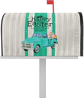 Mailbox Covers Magnetic Post Box Cover Happy Easter Vintage Wood Grain Green Truck Egg and Bunny Mailbox Cover for Outdoor Garden Yard Decorations Standard Size 18.5" X 21.7"
