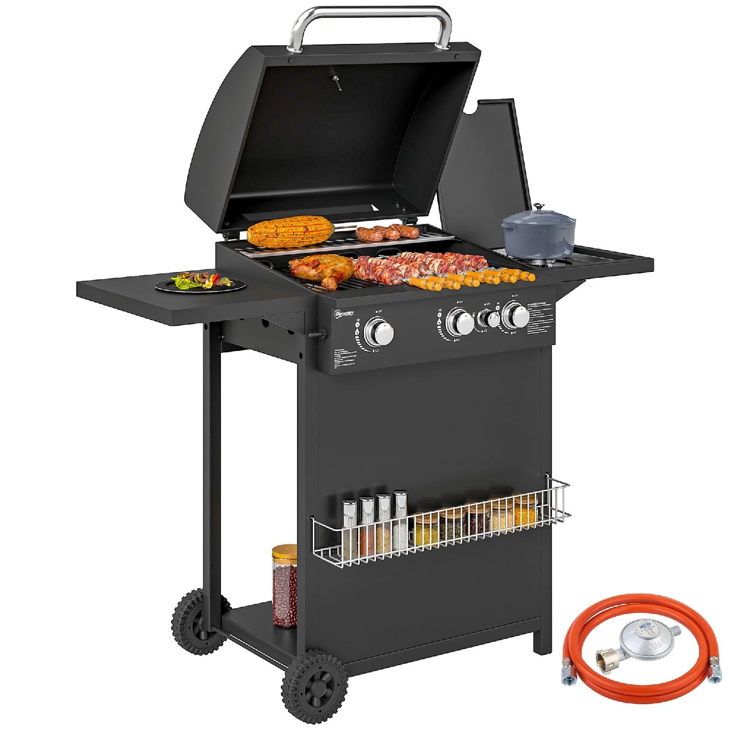 Barbecue a Gas con Bruciatori Indipendenti Coperchio con Termometro e Tavolino Laterale Nero