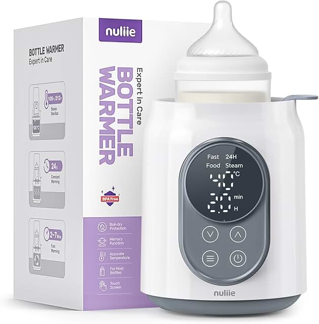 Calienta Biberones, Nuliie Calienta Biberones Eléctrico 6 en 1 para Leche Materna o Fórmula con Temporizador Digital Pantalla LCD Control de Temperatura Inteligente y Apagado Automático, 220V