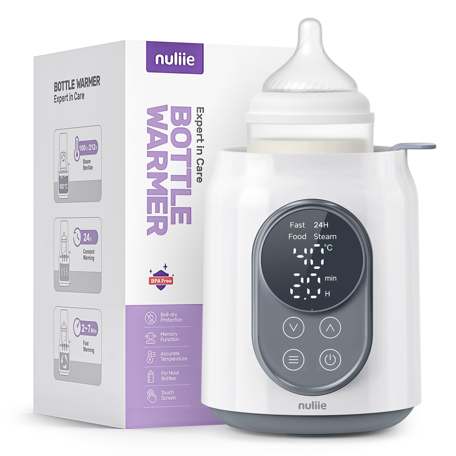Calienta Biberones, Nuliie Calienta Biberones Eléctrico 10 en 1 para Leche Materna o Fórmula con Temporizador Digital Pantalla LCD Control de Temperatura Inteligente y Apagado Automático, 220V