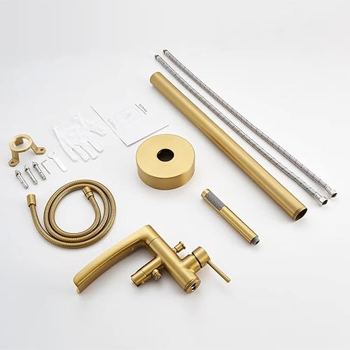 Miniatura 7 de Grifo de bañera independiente en cascada de latón con mango único de latón cepillado con ducha de mano