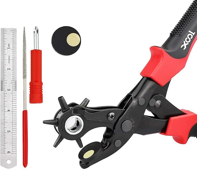 Leather Hole Punch Plier, Heavy Duty Rotatable Belt Hole Puncher with 6 Different Sizes Used for Belt, Watch Belt, Belt, Shoes, Purses, Clothes, Cardboard, Paper, Hard PVC, etc