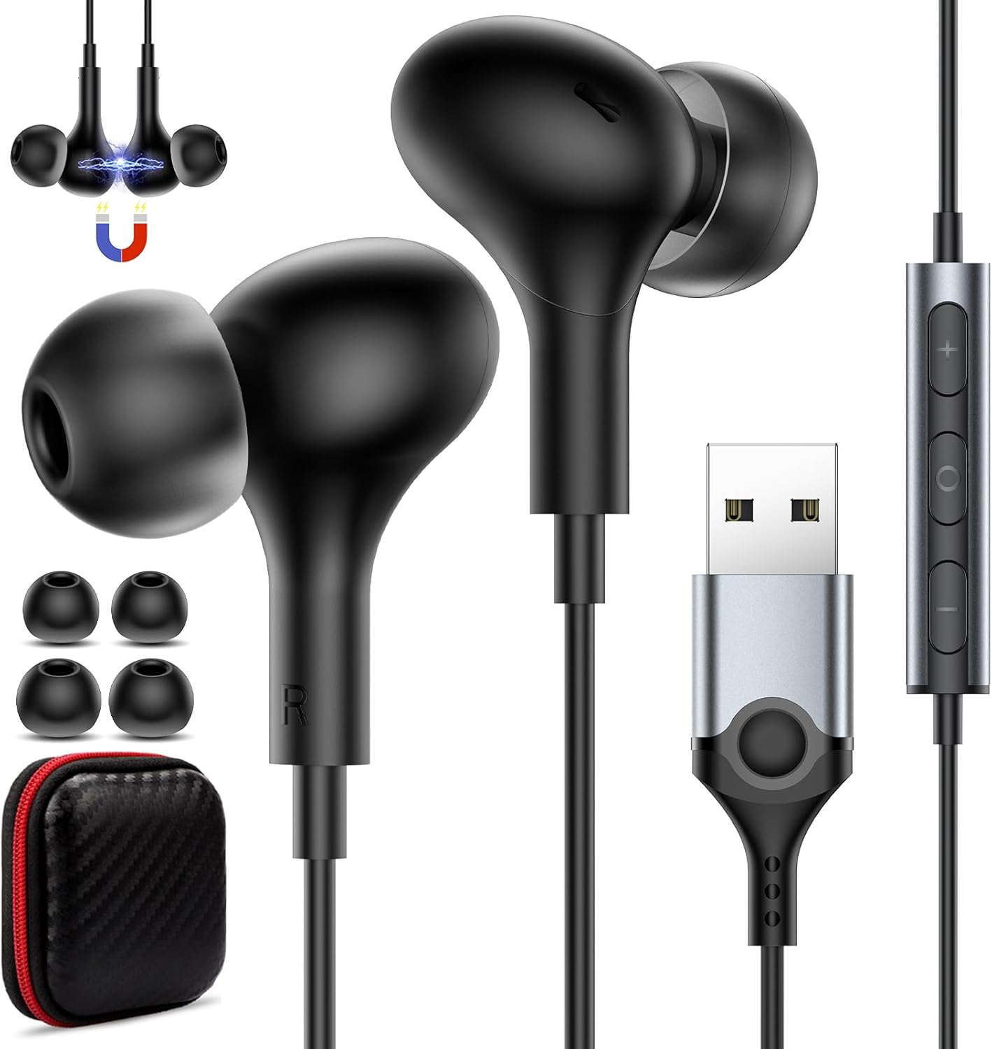 USB Headset with Microphone for PC Laptop,7.5Ft USB A Headphones Earbuds for Computer with in-Line Control Noise Cancelling Lightweight Wired Computer Headphones for Dell/HP Zoom School Class,Black
