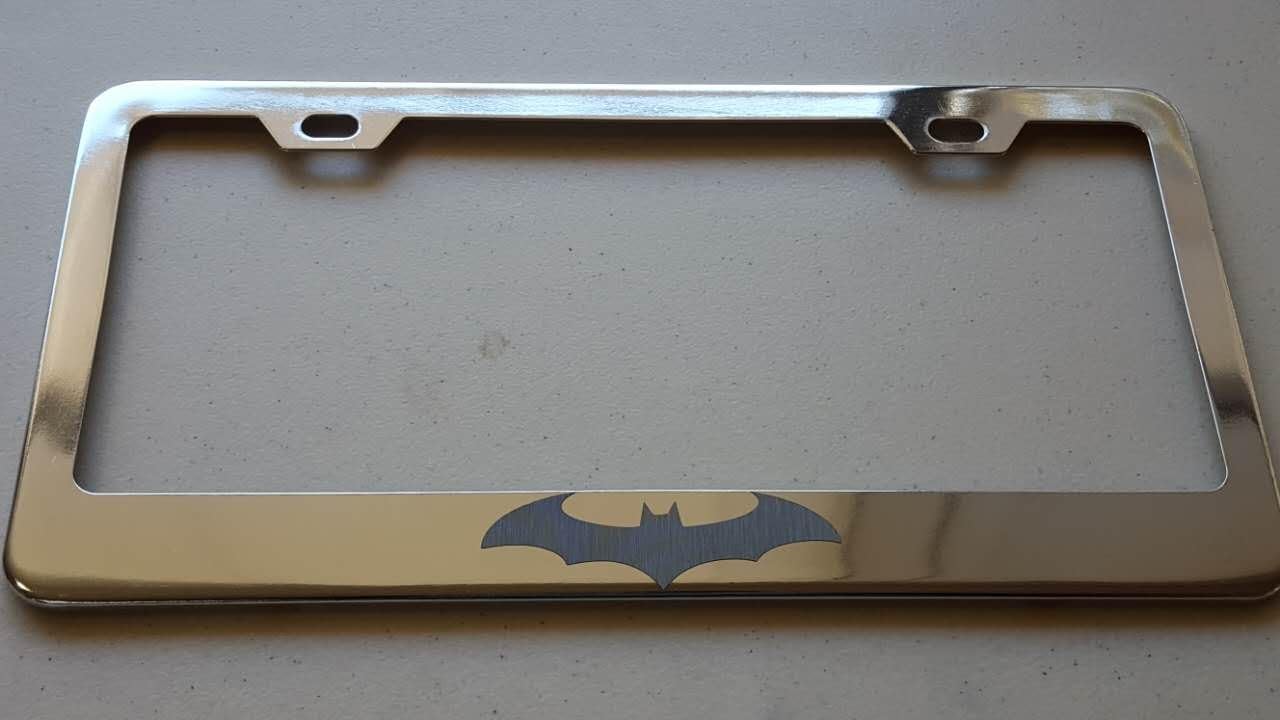Batman Bat Logo Gray Vinyl Cut on Chrome Metal License Frame with screw caps included