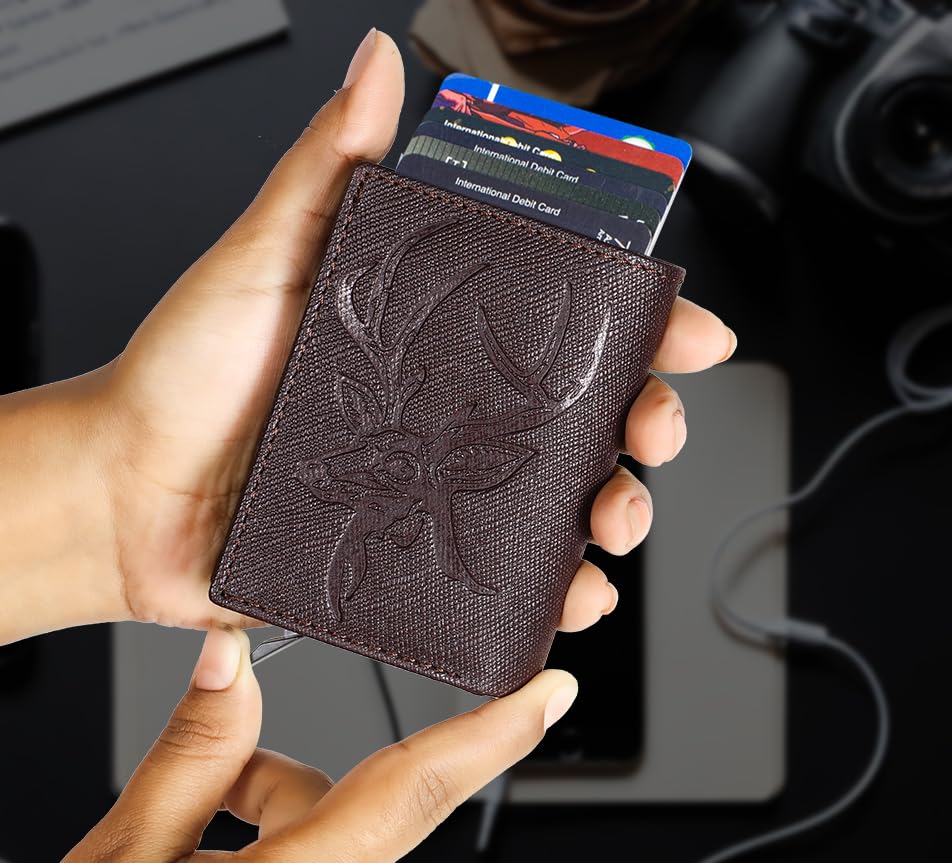 Image of Men's Genuine Leather RFID Wallet | Premium Slim Red Wallet for Men with Deer 3D Print | 8 Card Slots Secure and Durable Design | Casual Stylish | Formal Gifting, Black (Safiano /Brown)