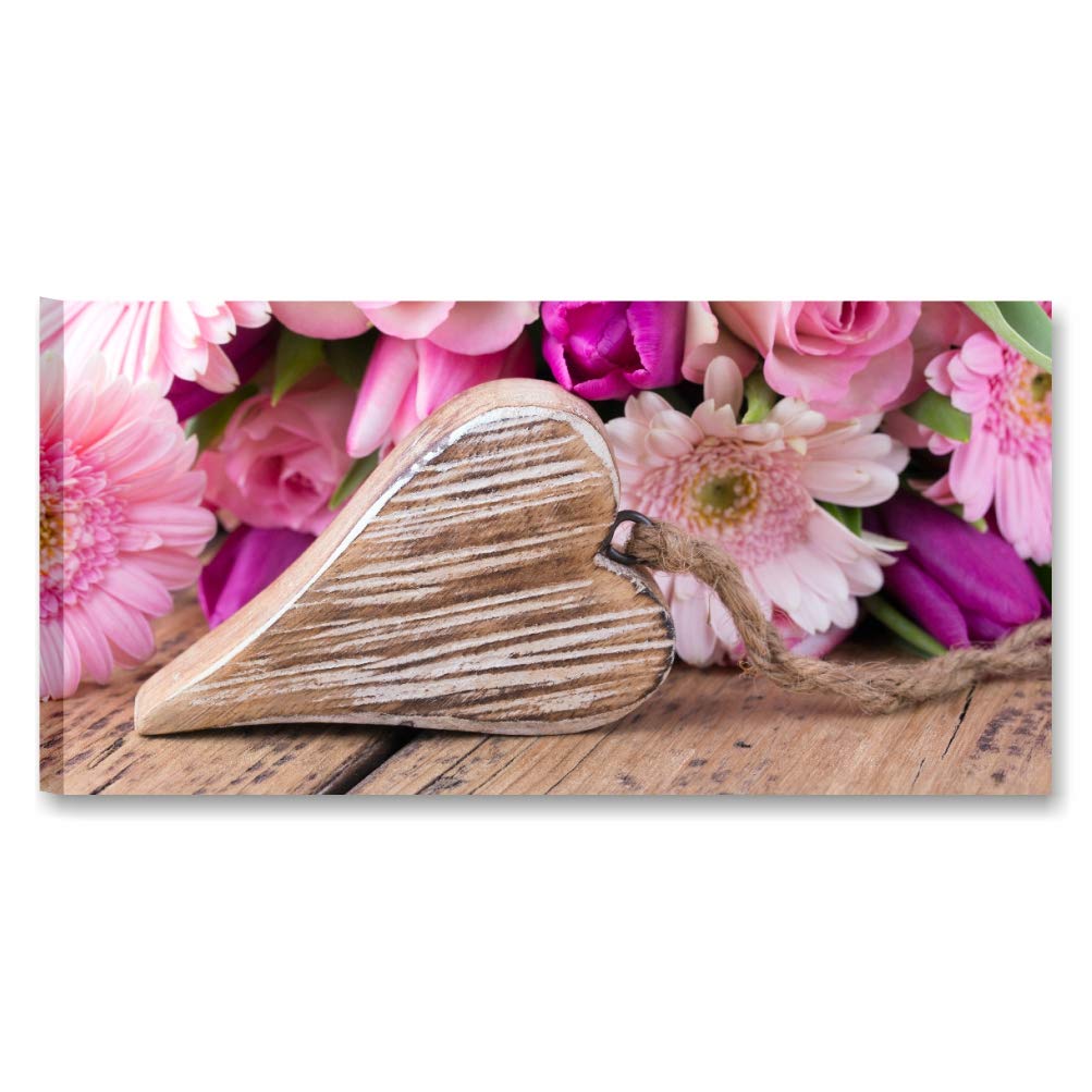 Quadri L&C ITALIA Cuori e Fiori Shabby Chic - Quadro Moderno per Cucina Soggiorno Camera da Letto Country Rustici 90 x 45 Stampa su Tela Canvas da Parete Rosa Viola
