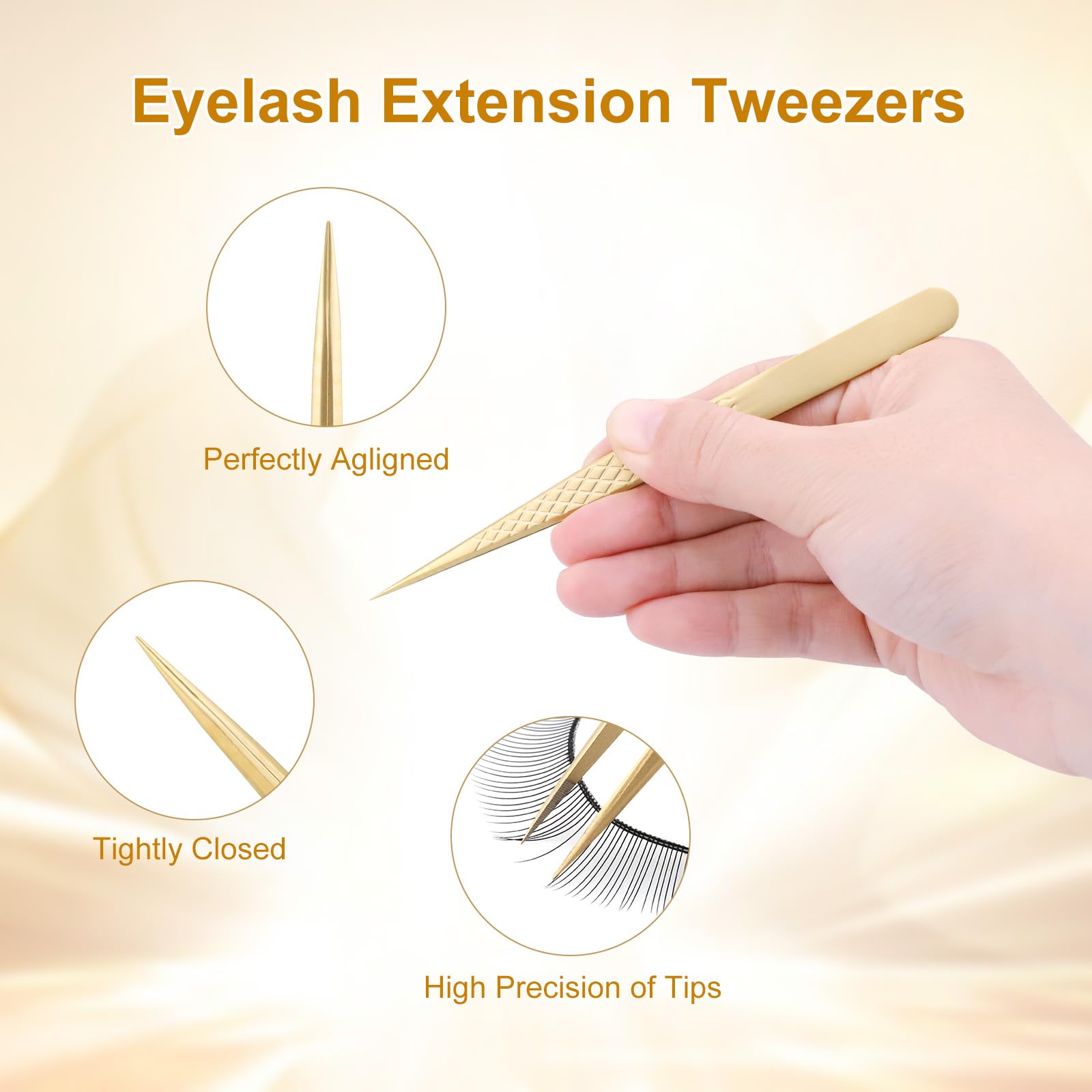 NAGARAKU Precision Fiber Tip Tweezer for Eyelash Extensions Diamond Grip Anti-Static Anti-Slip Premium Gold Stainless Steel Pointed Eyelashes Tweezers with Box(Straight Tip Classic Tweezer AG-03) - Image 4