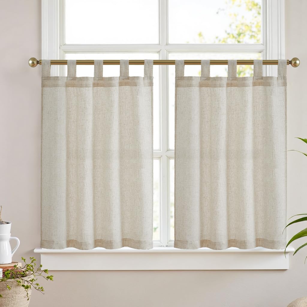 Vangao Scheibengardinen mit Schlaufen Bistrogardine 2er Set 65Bx60Hcm Beige | Leinenoptik Gardinen Kurz Natur, Küchengardinen Lichtdurchlässig Landhausstil für Küche Wohnwagen Kleine Fenster 60cm lang