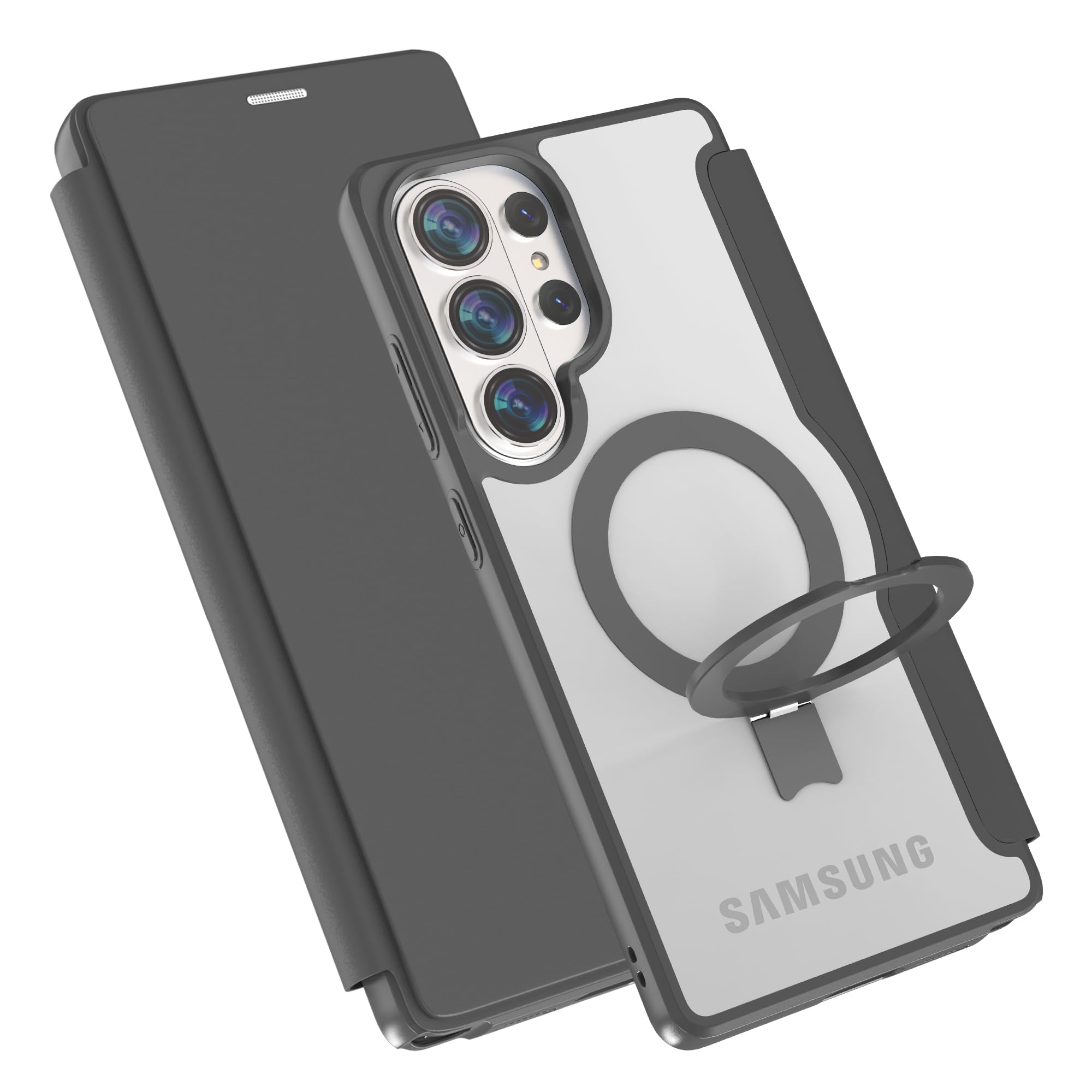 【Magsafe対応 多機能スタンド】Galaxy S26ultra用 ケース 手帳型 MagSafe対応 ギャラクシーS26ultraカバー リング＆スタンド切り替え ワイヤレス充電対応 カード収納2枚 マグネット式 背面透明PU カメラ保護 レザー 耐衝撃 全面保護 6.９インチ用 ブラック