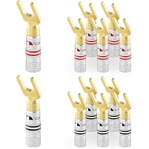 Nakamichi GrubLock 24k Gold Plated Spade Y Banana Plugs, 10-18 AWG | Excel Series, Gauge Size 4mm for Speakers Amplifier Hi-Fi AV Stereo Audio Wire Cable Screw Connector, 12 Pcs 6-Pairs