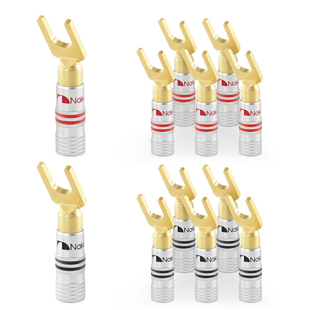 Nakamichi Clavija Banana 12-18 AWG 4 mm 24K Chapado en Oro Enchufe de plátano Adaptador para Altavoces con Cable y Amplificador de Altavoz HiFi 12 Piezas (6 Pares) Terminal de Horquilla
