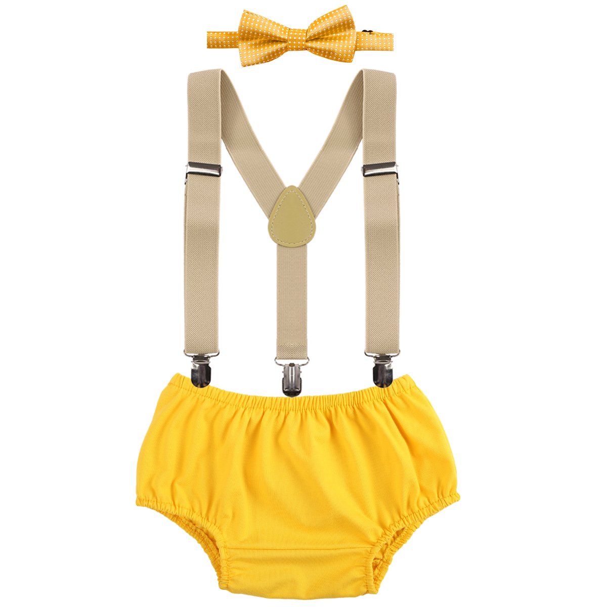 Iwemek Men's Yellow Newborn Infants Baby Boys Kids Toddlers 1St / 2Nd Birthday Cake Smash Bloomer Shorts Bow Tie Photo Props Formal Gentleman Outfit Suit 3Pcs Set