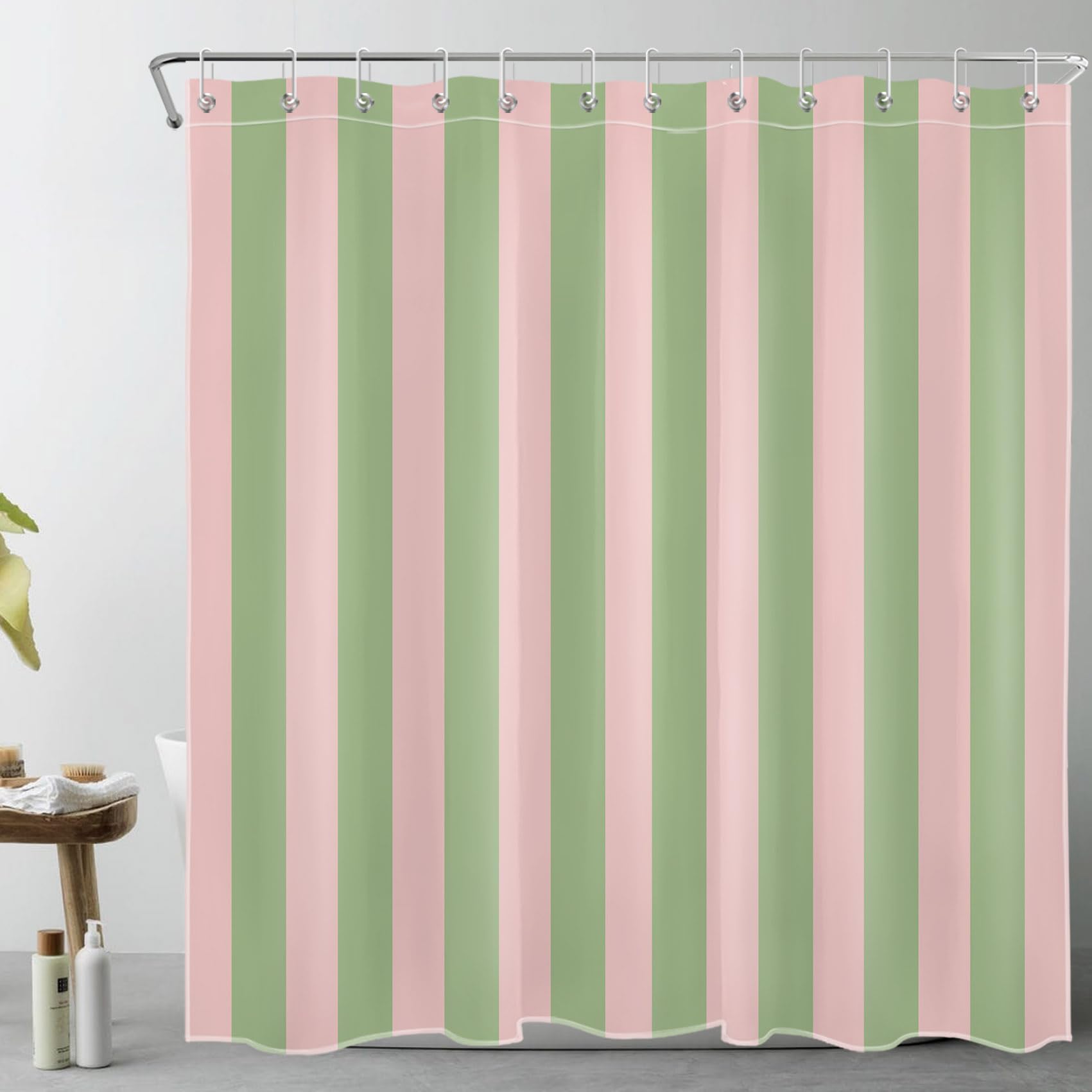 EOBTAIN Rideau de douche à rayures roses et vertes pour salle de bain, moderne, abstrait, minimaliste, à rayures verticales avec 12 crochets, ensemble de rideaux de douche vintage esthétiques, 198 x