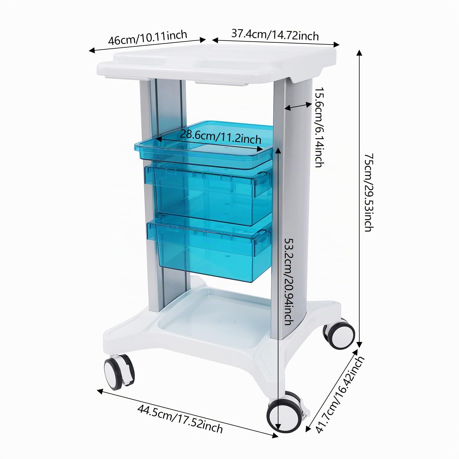 Chariot de laboratoire multifonction avec 2 tiroirs et 2 étagères supérieures - Chariot médical - Jusqu'à 100 kg - Pour laboratoire, clinique, salon