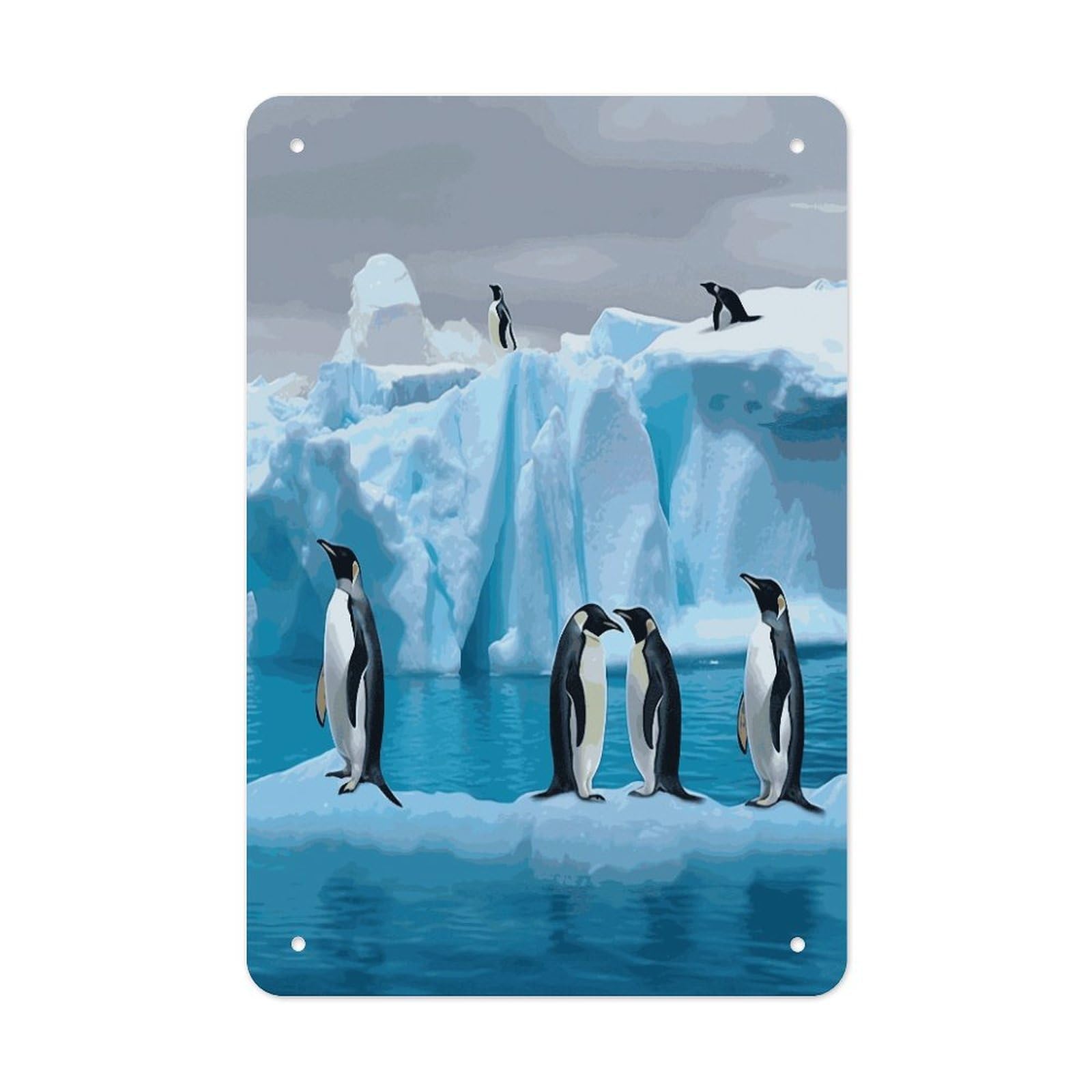 LDGSUPH Penguins On The Iceberg Wall Art Prints Folded Edge Iron Sheet Painting with Holes for Wall Prints Decorative Picture Metal Signboard Decor Painting for Outdoor Indoor Wall Decor