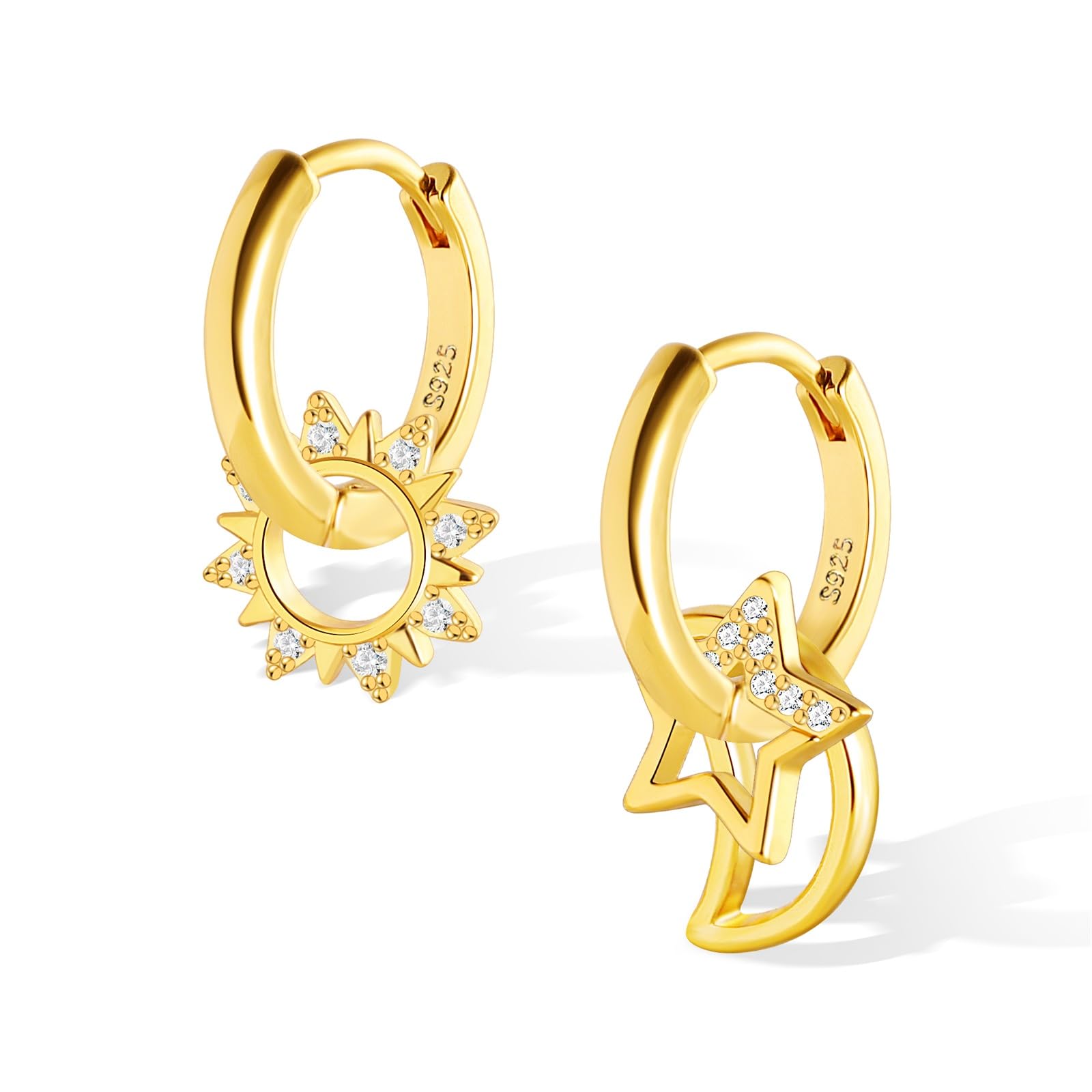 ALEXCRAFTPendientes Luna Estrella Sole 925 para Mujer Chapado 14K Oro
