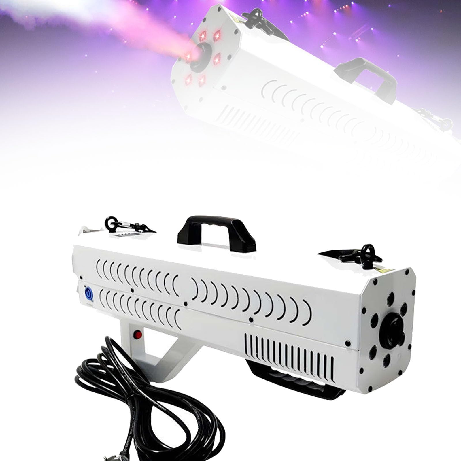 Przenośna wytwornica dymu, armatka dymna, pistolet mgłowy o mocy 1500 W ze światłami, paskiem, na imprezy, Halloween, imprezy DJ-skie i występy sceniczne(White)