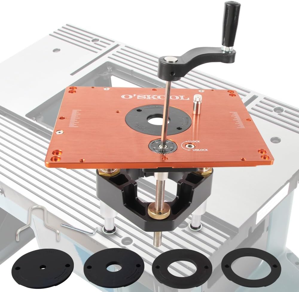 O'SKOOL Router Lift System Compatible With Bosch RA1181 and RA1171 | For 3-1/2 Inch Diameter Router Motors, 11-1/2 Inch by 9-1/8 Inch, 3/8 Inch Solid Aluminum Plate, RTS017