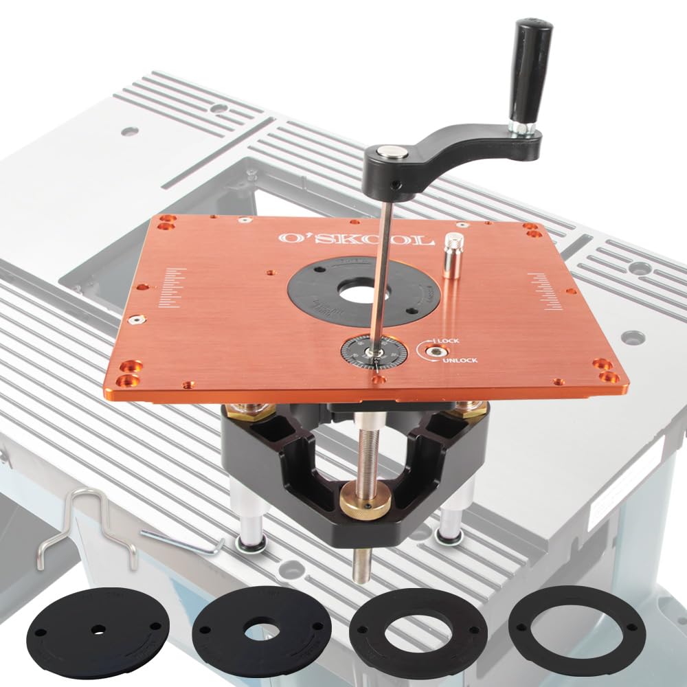 O'SKOOL 3-1/2" Router Lift Systems for BOSCH RA1181 & RA1171 Router Tables,11-1/2" x 9-1/8" Plate 5-Piece Insert Ring Kit