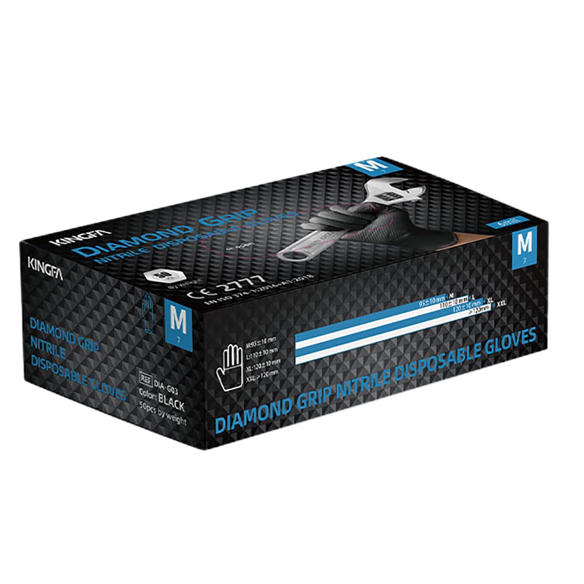 KINGFA DIAMOND GRIP Extra Stark Nitrilhandschuhe | Hochfeste, texturierte Einweghandschuhe für Kfz, Industrie & Labor | Arbeitshandschuhe Öl- und Chemikalienbeständig | 50 Stk/Box (500, Schwarz, XL)