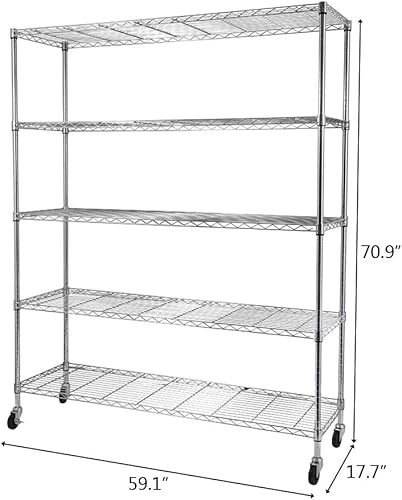 Miniatura 2 de Estantería de alambre resistente de 5 niveles de grado comercial con ruedas, estante organizador de metal, cromo, estantes organizadores de