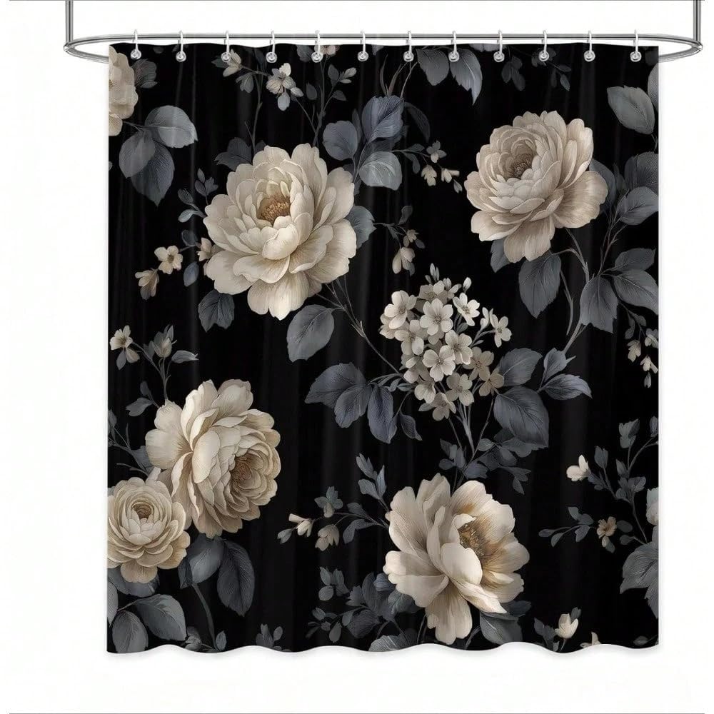 GLKSDLPO Boho Vintage Floral Shower Curtain, Black Flower Farmhouse Rustic Wildflower Botanical Bathtub Curtain(80x180cm/31x71in(WxH)