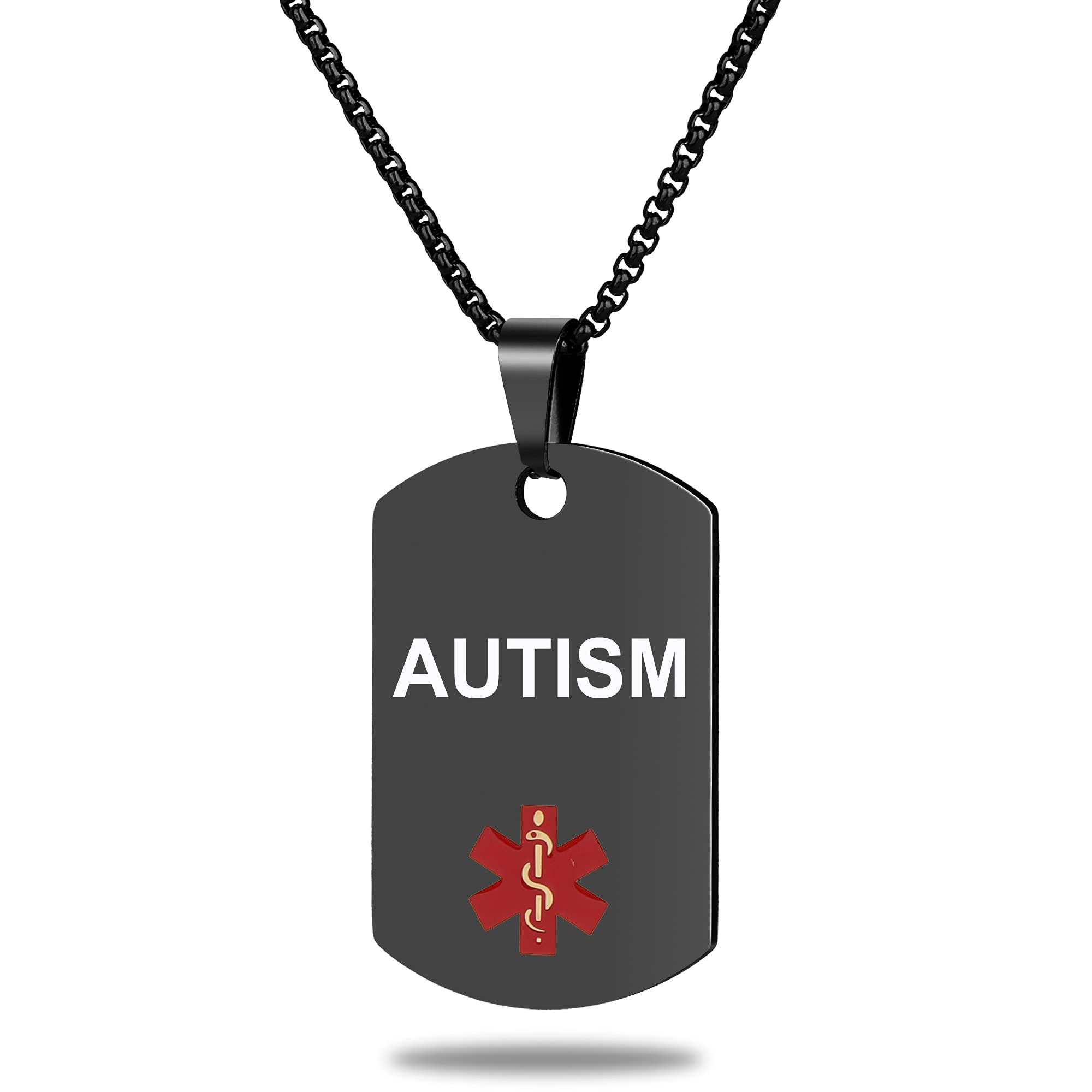 Medical Alert ID Necklace, Laser Engraved Autism, Stainless Steel Tag Pendant with 23.6 inch Chain for Men Women