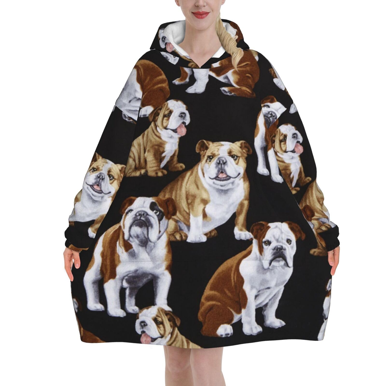 English Bulldogs Blanket Hoodie - The Oversized Hoodie Sweatshirt Blanket - Soft, Comfortable, Flannel And Warm Hoodie Blanket For Every Occasion