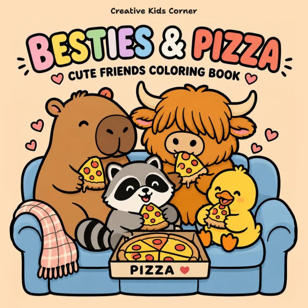 Besties & Pizza: Cute Friends Coloring Book: Bold and Easy Simple Designs for Kids, Teens and Adults for Relaxation