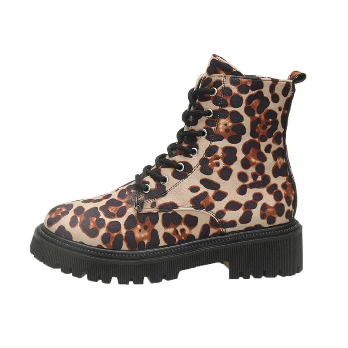 Womens Leopard Print Platform Boots Chunky Faux Suede Ankle Booties for Party Clubbing British Punk Rock Style Combat