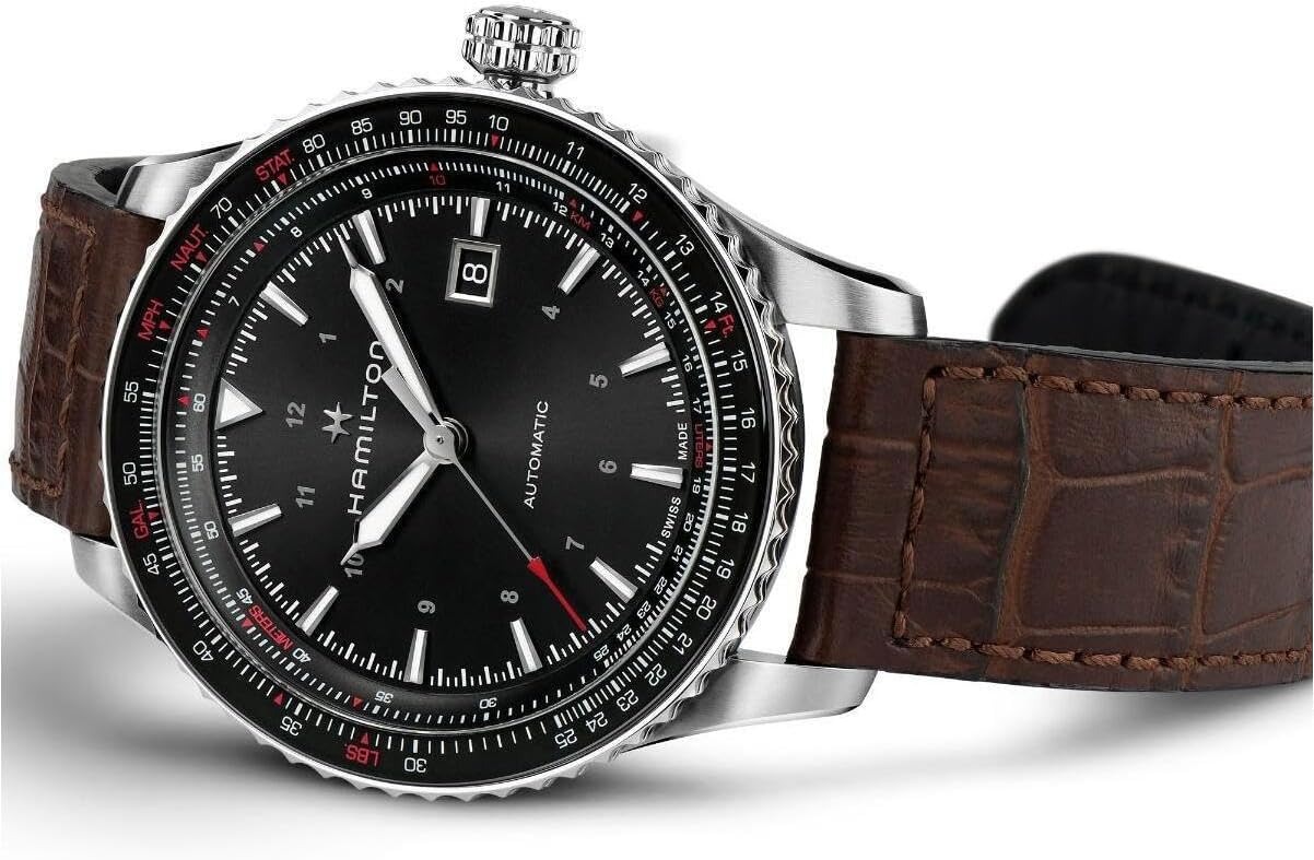 Hamilton Khaki Aviation Automatic Men's Watch, 42mm Stainless Steel Case, Swiss Made, Black Dial Analog Wrist Watch for Men, 100m Waterproof, Sapphire Crystal, 3-Hand Movement, Cow Leather Strap