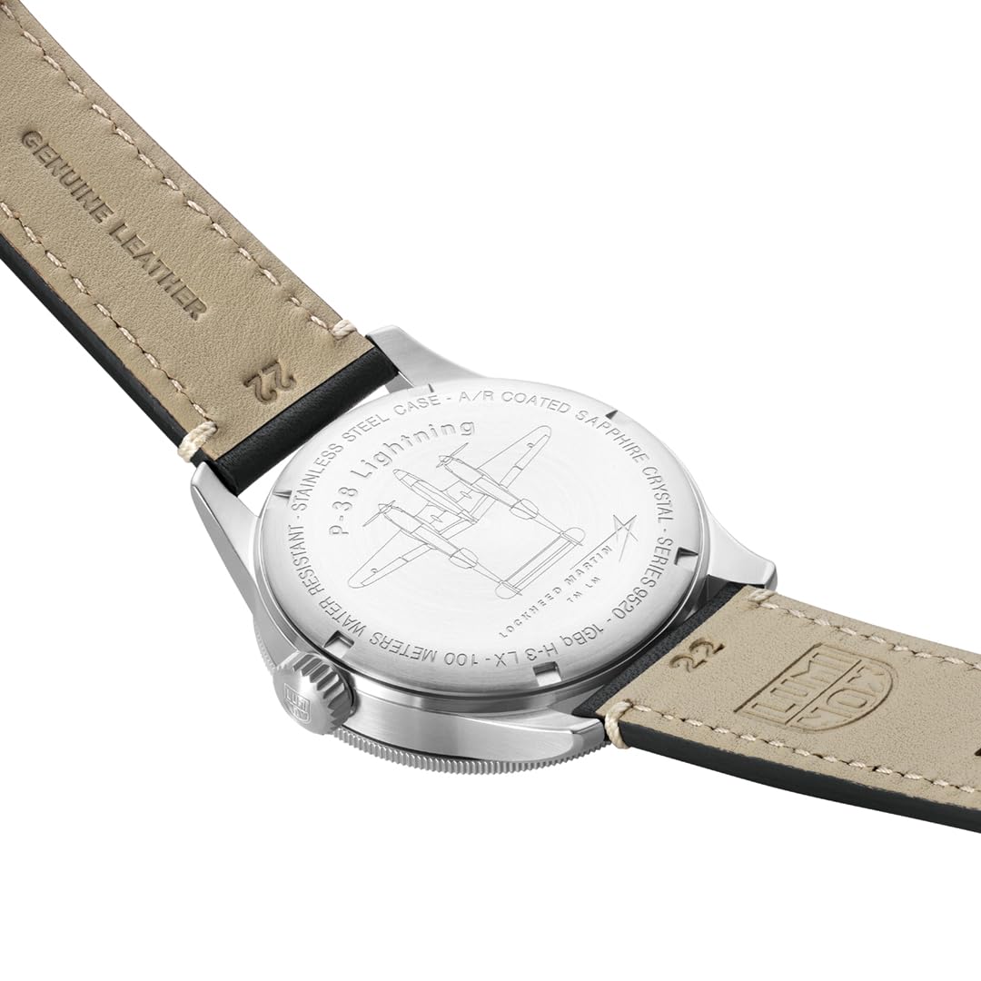 Luminox Air Pilot P-38 Lightning Pilotenuhr mit Armband aus Leder, in der Farbe: Schwarz, Gehäusedurchmesser: 42 mm, Wasserdichtigkeit: 100 Meter, XA.9527