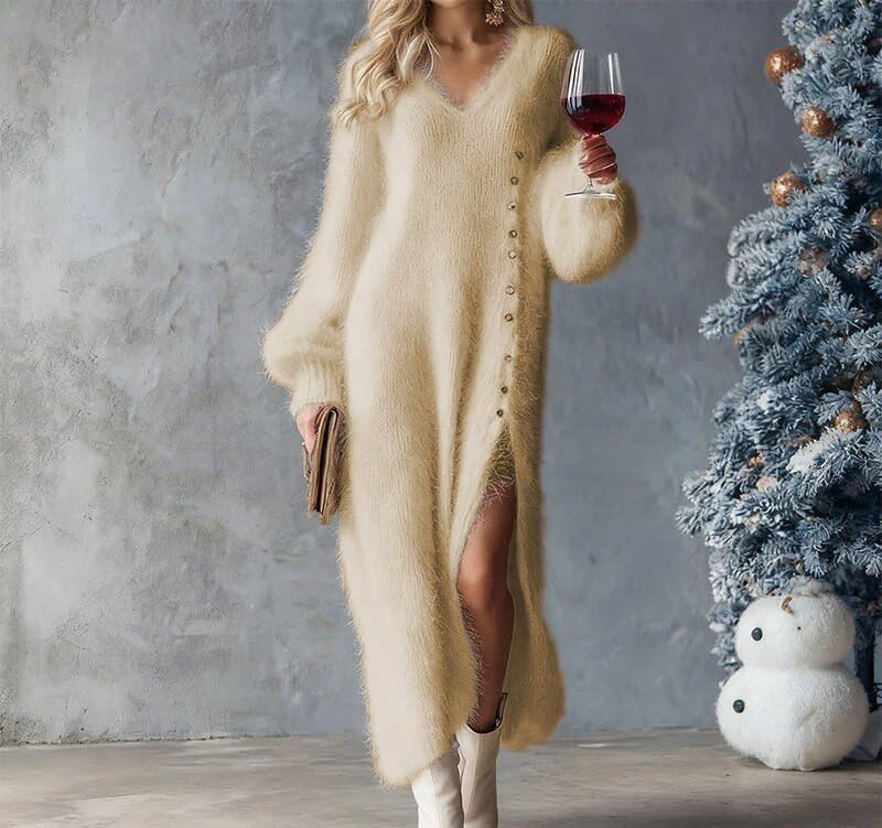 Melliflo Sweater Dresses for Women 2025 Fashion Christmas Party Fuzzy Long Dress Button Down Side Slit Knit Maxi Dress - Image 2