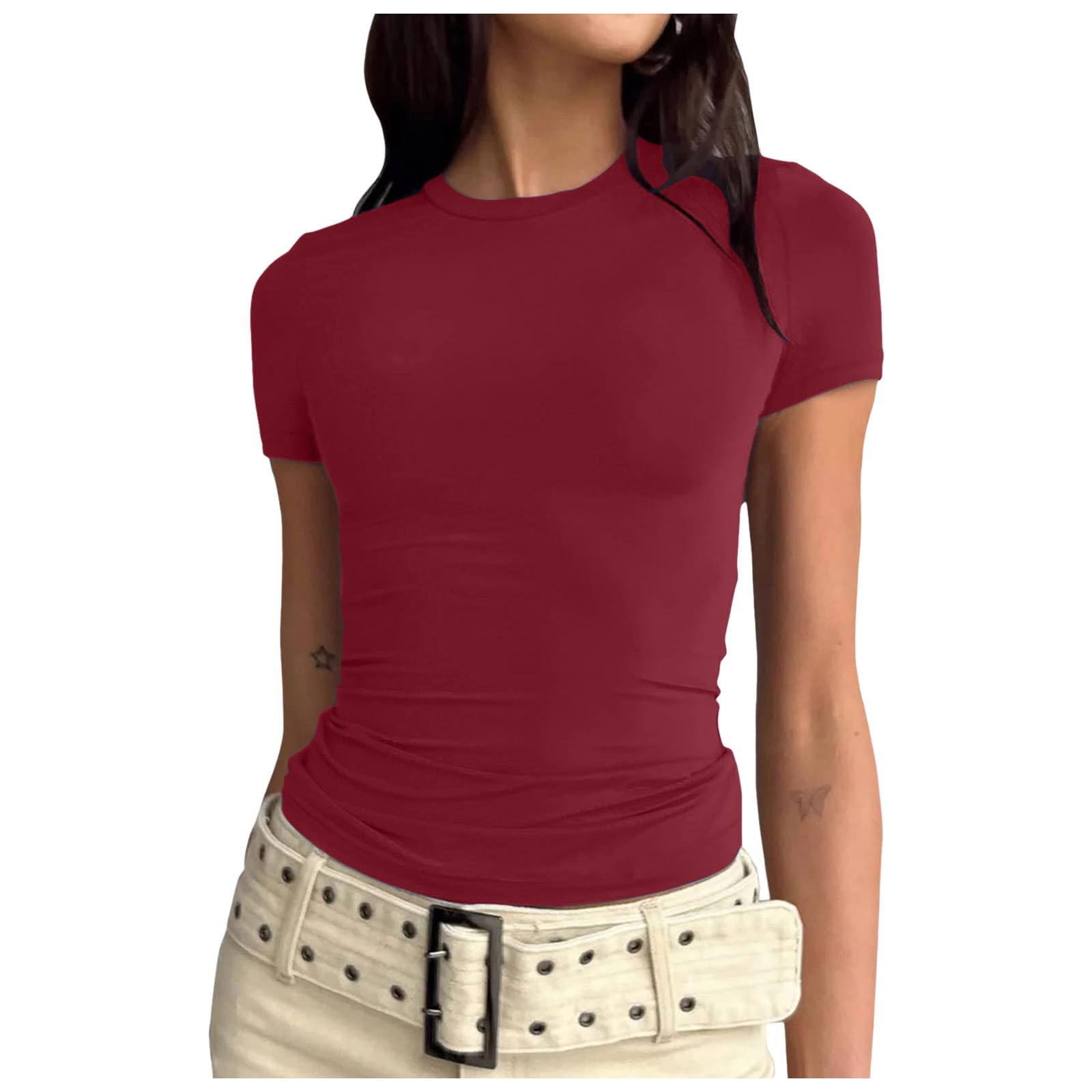 Generic Camisetas Mujer Manga Larga Barata Mujer, Top Corto con Cuello Redondo de Verano, Top Ajustado en Capas para Camiseta Tirantes Mujer Estampada