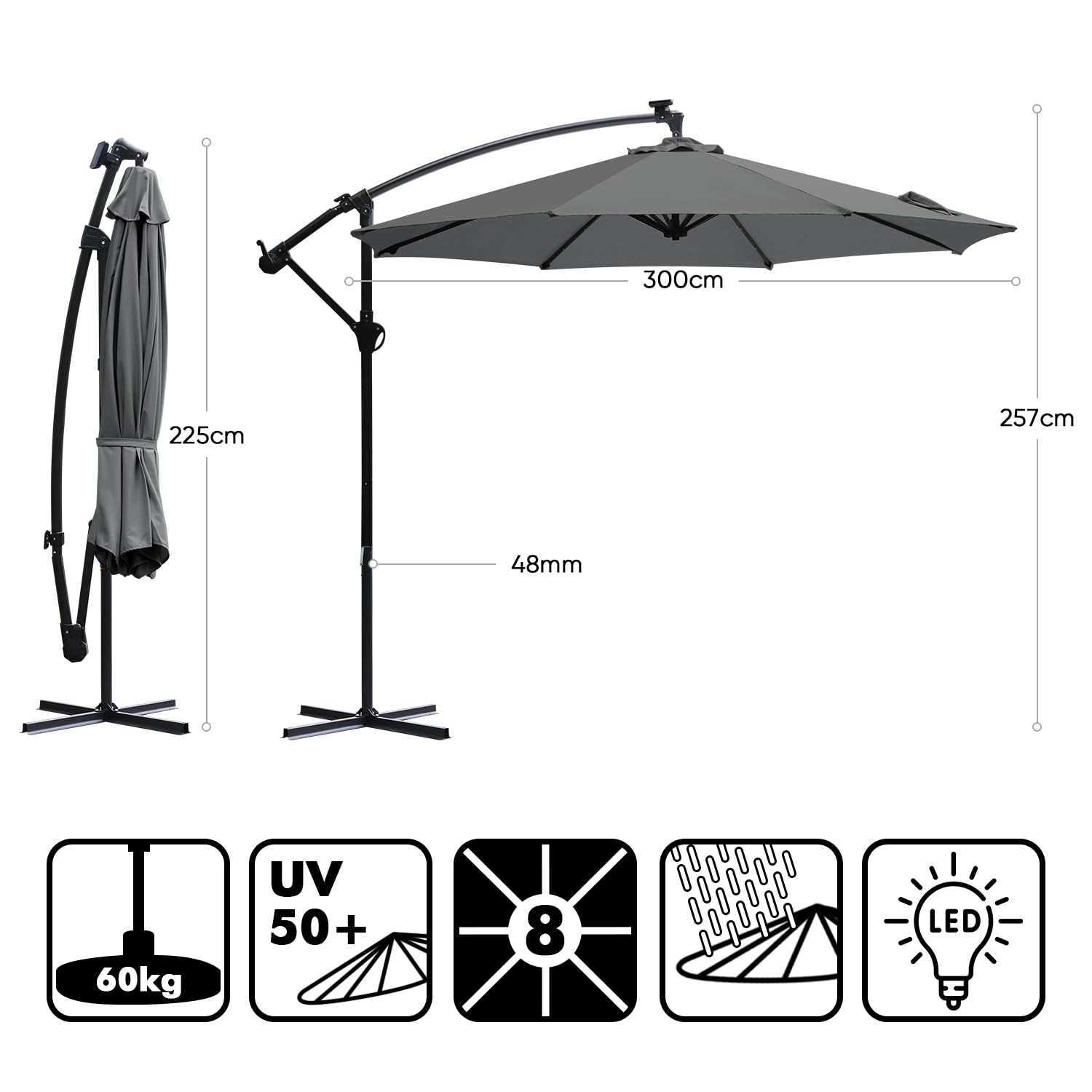 Sekey Ombrello solare a LED, 300 cm, LED a energia solare, protezione solare UV50+, robusto e stabile per il giardino, grigio scuro
