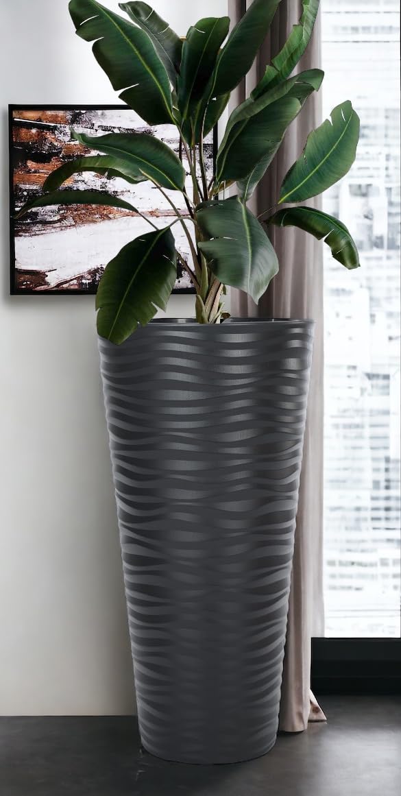 MELTOM Blumenkübel 3D Effekt Welle Slim Rund Einsatz Pflanzgefäß Set 3: XL XXL 3XL Anthrazit