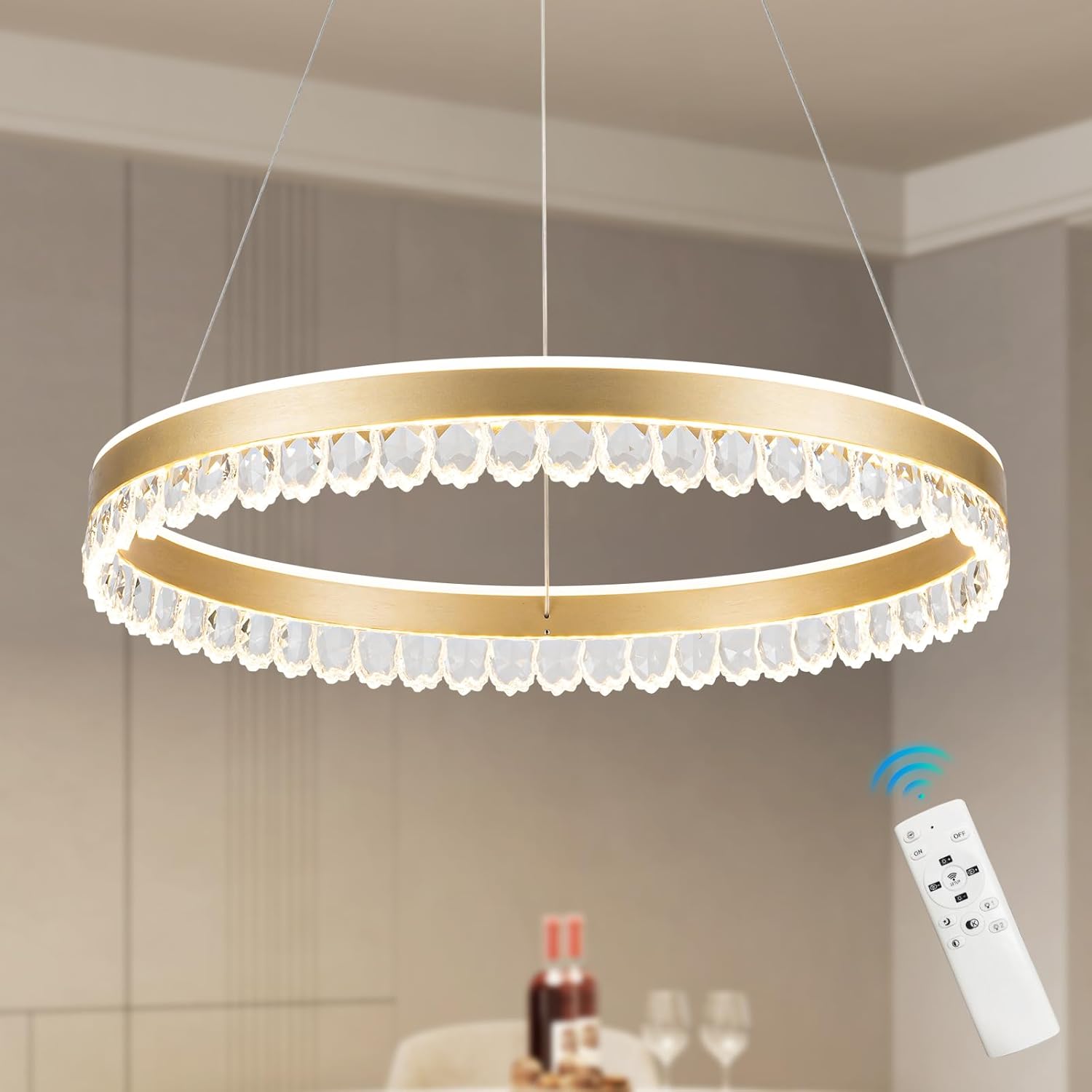 Modern Gold Crystal LED Chandelier with Remote Control, Round 23.6" 70W Dimmable Living Room Chandelier, Hanging Adjustable Ceiling Light for Dining Room Kitchen Island Bedroom