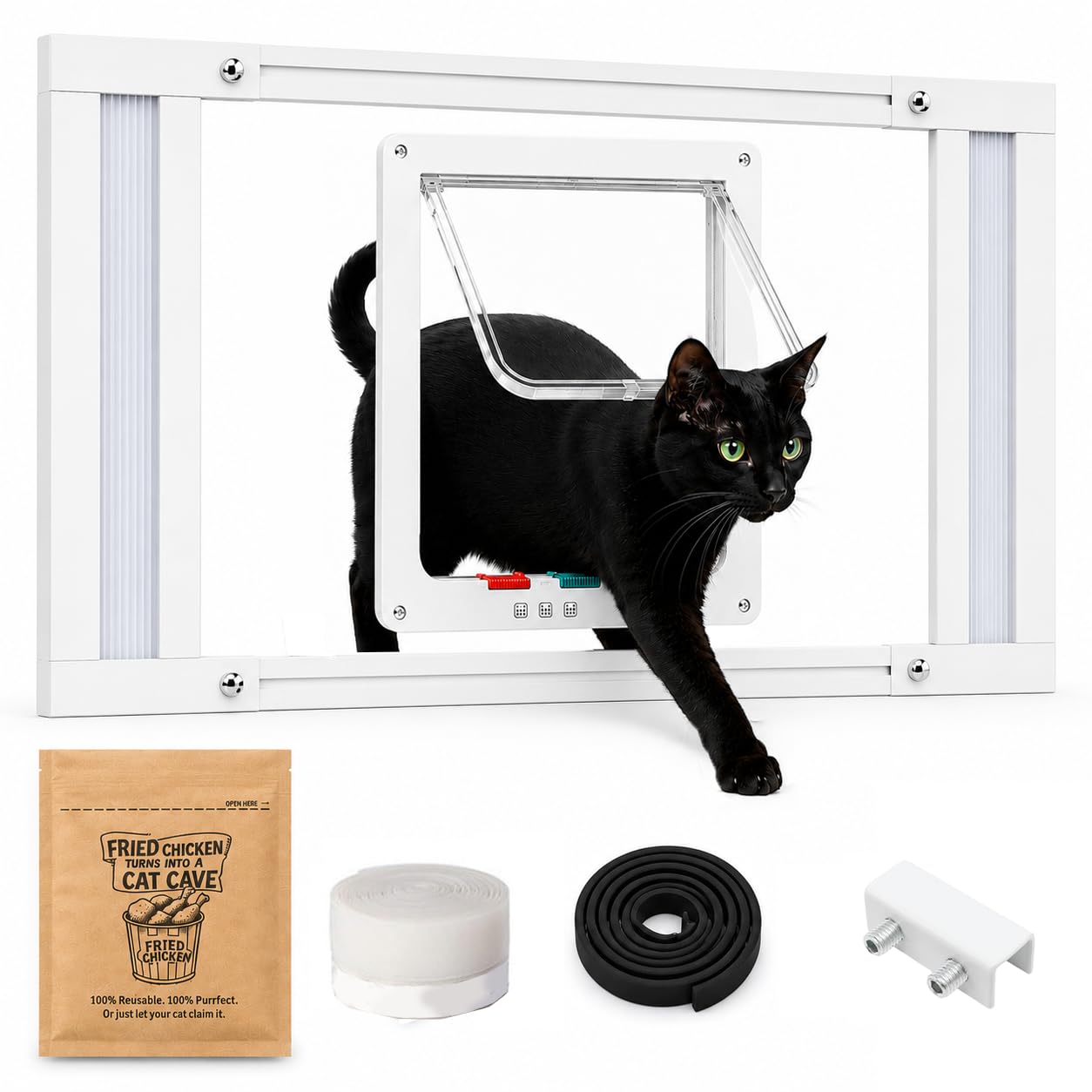 JubiTail Adjustable Window Cat Door – Aluminum Frame Pet Door for Vertical Sash Windows 23.6"–37.4" Wide, Weatherproof, Easy Install, Modern Honeycomb Design (Fits 23.5"-37.5" W Windows)