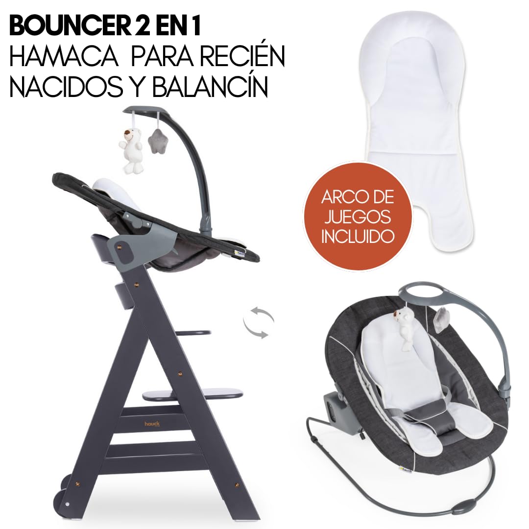 hauck Trona Beta Newborn Set de Trona Evolutiva Bebe apta desde el Nacimiento, Tronas de Bebe Evolutiva con Hamaca, Cojín y Bandeja, Silla Bebe Madera - Melange Grey