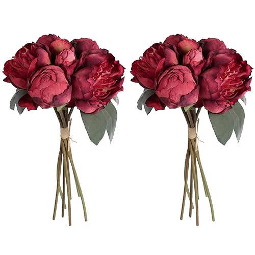 2 Bouquets Red Peonies Silk Flowers 14Heads Faux Peony Flowers