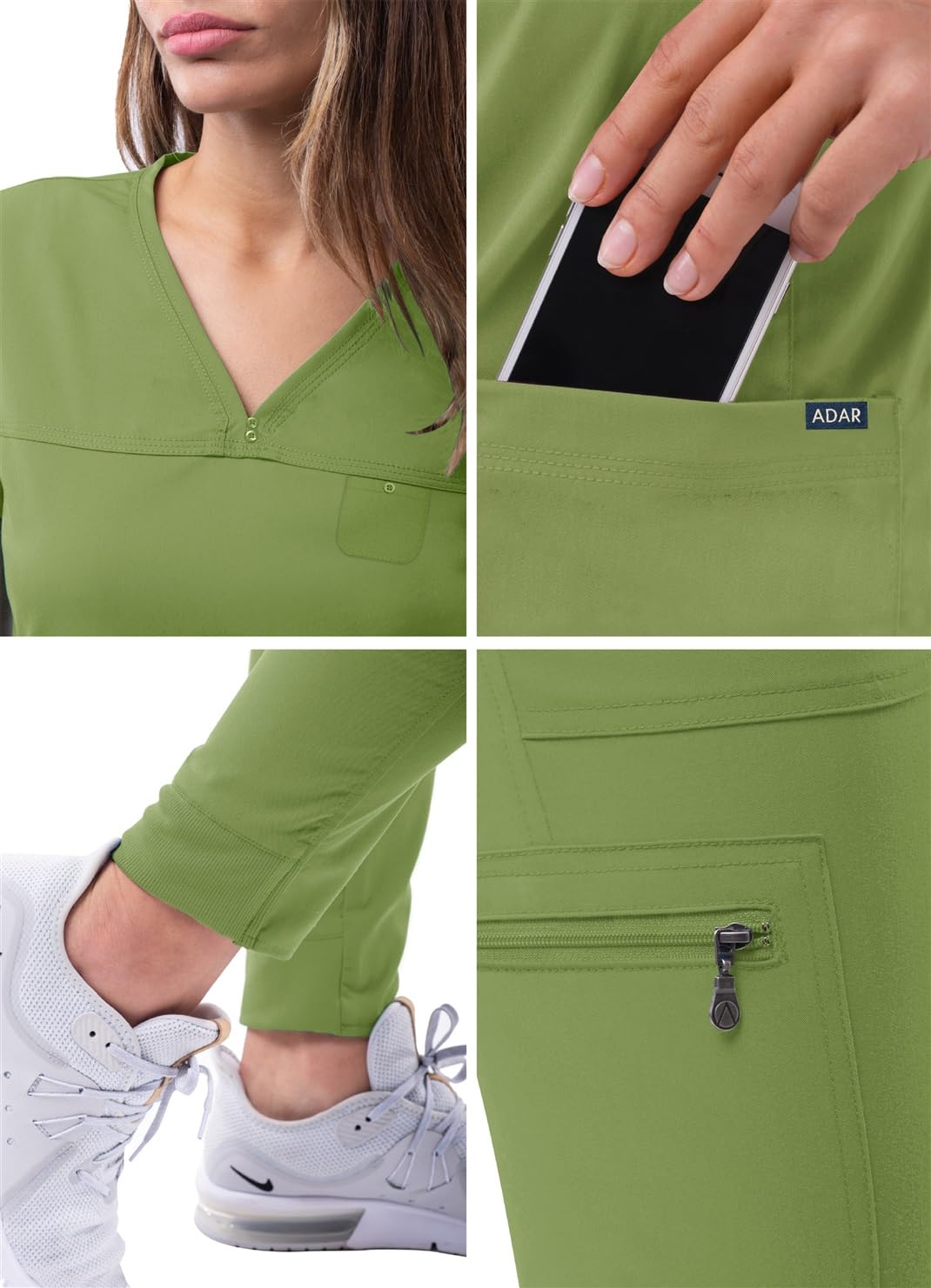 Adar Pro Movement Booster Scrub zestaw dla kobiet - Sweetheart dekolt w serek Scrub Top i jogger Scrub Pants, liść wiosenny, M